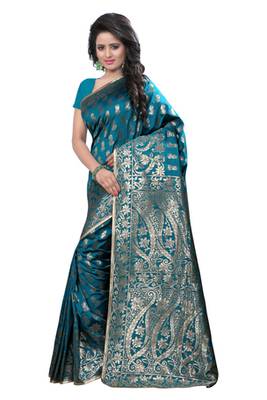Turquoise plain Banarasi Silk saree with blouse 2
