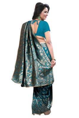 Turquoise plain Banarasi Silk saree with blouse 3