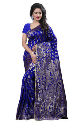 Blue plain Banarasi Silk saree with blouse 1