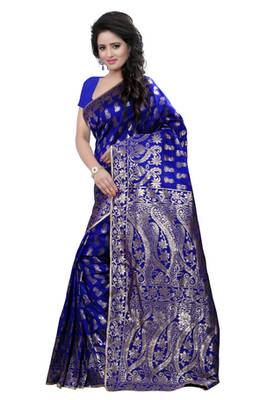 Blue plain Banarasi Silk saree with blouse 2