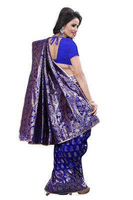 Blue plain Banarasi Silk saree with blouse 3