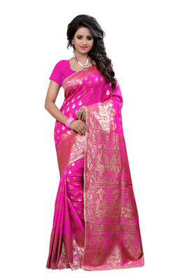 Pink plain Banarasi  Silk saree with blouse 1