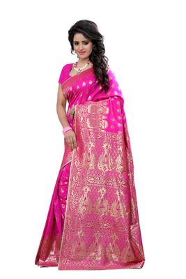 Pink plain Banarasi  Silk saree with blouse 2