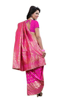 Pink plain Banarasi  Silk saree with blouse 3