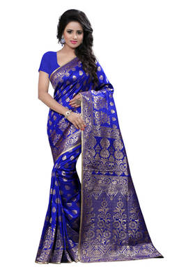 Blue plain Banarasi Silk saree with blouse 1