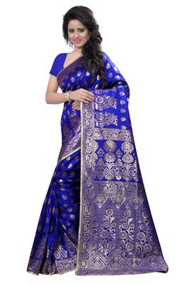 Blue plain Banarasi Silk saree with blouse 2