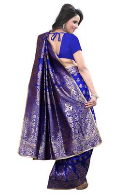 Blue plain Banarasi Silk saree with blouse 3