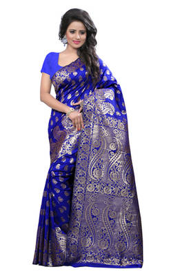 Blue plain Banarasi Art Silk saree with blouse 1