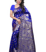 Blue plain Banarasi Art Silk saree with blouse