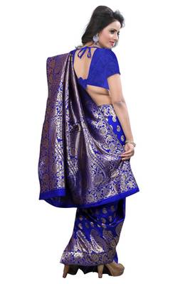 Blue plain Banarasi Art Silk saree with blouse 2