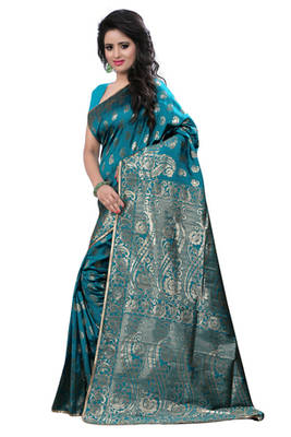 Turquoise plain Banarasi Silk saree with blouse 1