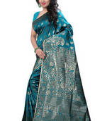 Turquoise plain Banarasi Silk saree with blouse