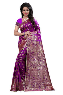 Purple plain Banarasi saree with blouse 1