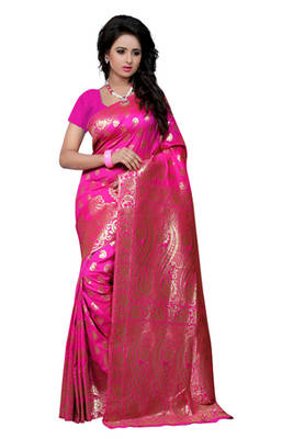 Pink plain Banarasi Silk saree with blouse 1