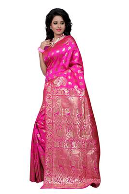 Pink plain Banarasi Silk saree with blouse 2