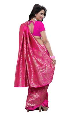 Pink plain Banarasi Silk saree with blouse 3
