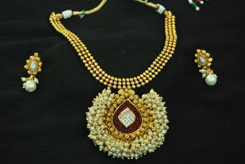 Stunning Maroon colour Gold Plated Necklace set studded with American Diamond stones 1
