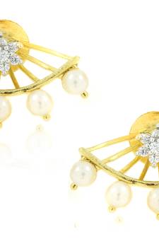Flower Pearl American Diamond CZ  Gold Plated Dangling Earring for Women