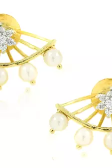 Flower Pearl American Diamond CZ  Gold Plated Dangling Earring for Women
