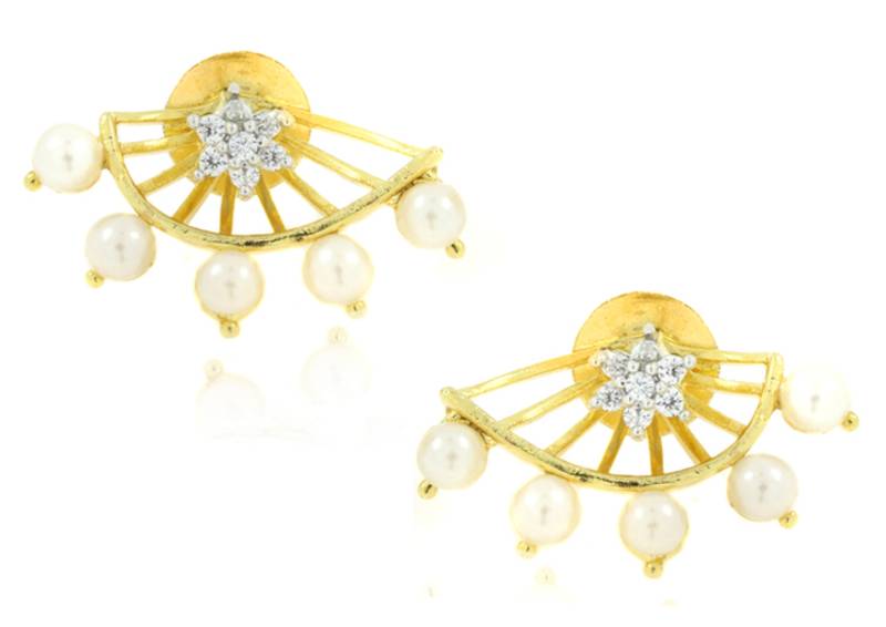 Flower Pearl American Diamond CZ  Gold Plated Dangling Earring for Women