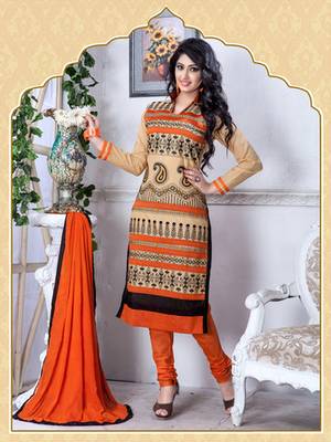 Beige Embroidered Chanderi And Cotton Unstitched Salwar With Dupatta 1