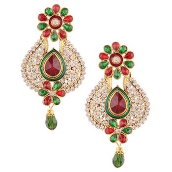 Maroon green flower pearl polki dangler earrings India jewellery 1