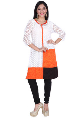 White and orange combination kurti Clearance