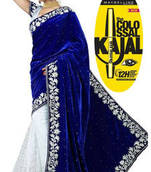 Blue and White embroidered velvet saree with blouse