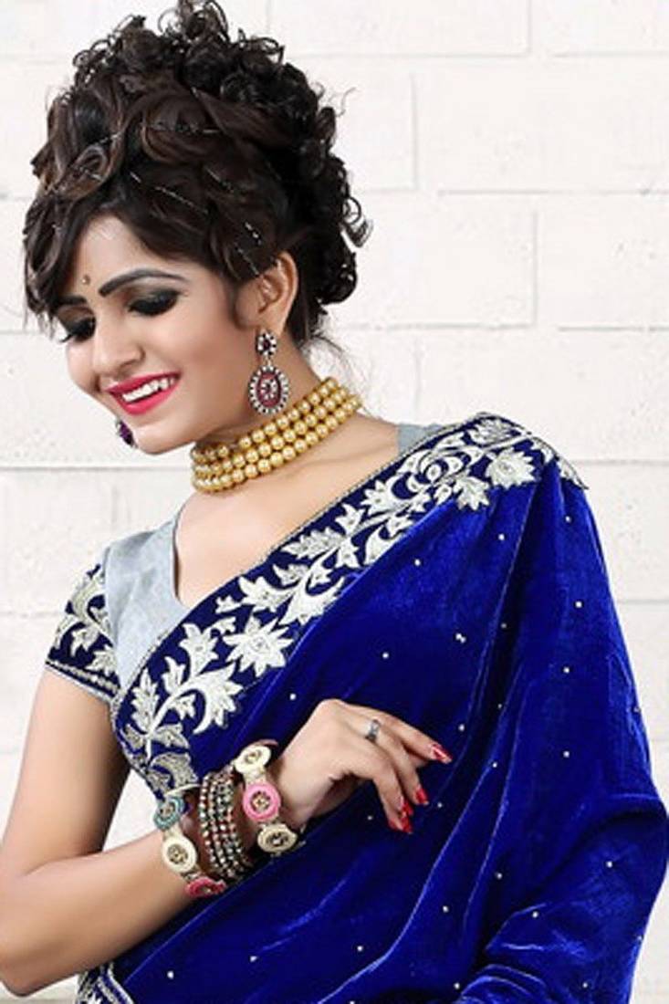 Blue and White embroidered velvet saree with blouse