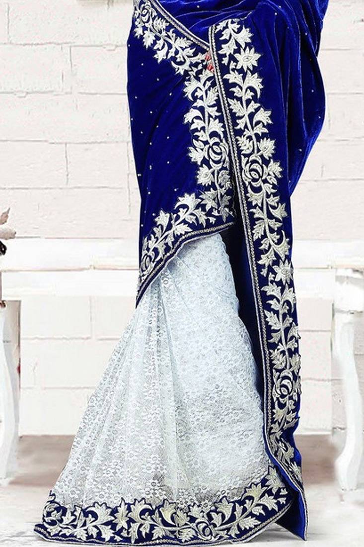 Blue and White embroidered velvet saree with blouse