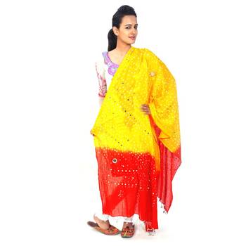Red Yellow Tie N Dye Pure Cotton Jaipuri Dupatta 1