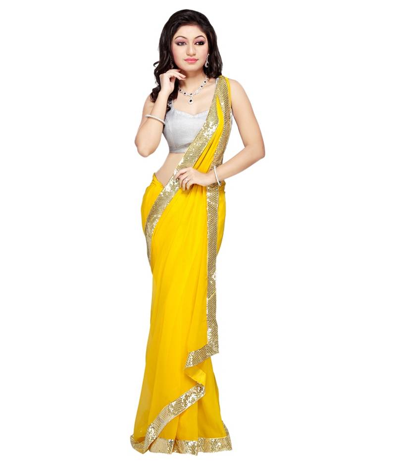 yellow embroidered georgette saree with blouse