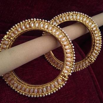 Pair of Two Bangles Golden Adjustable Kada Pearl Jewelry 1