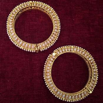 Pair of Two Bangles Golden Adjustable Kada Pearl Jewelry 2
