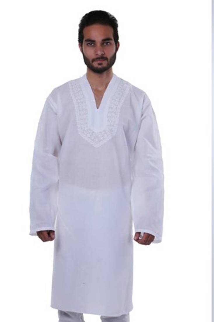 Ada Hand Embroidery White Cotton Lucknowi Chikan Men's Kurt