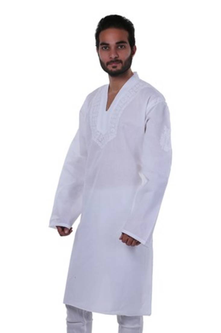 Ada Hand Embroidery White Cotton Lucknowi Chikan Men's Kurt