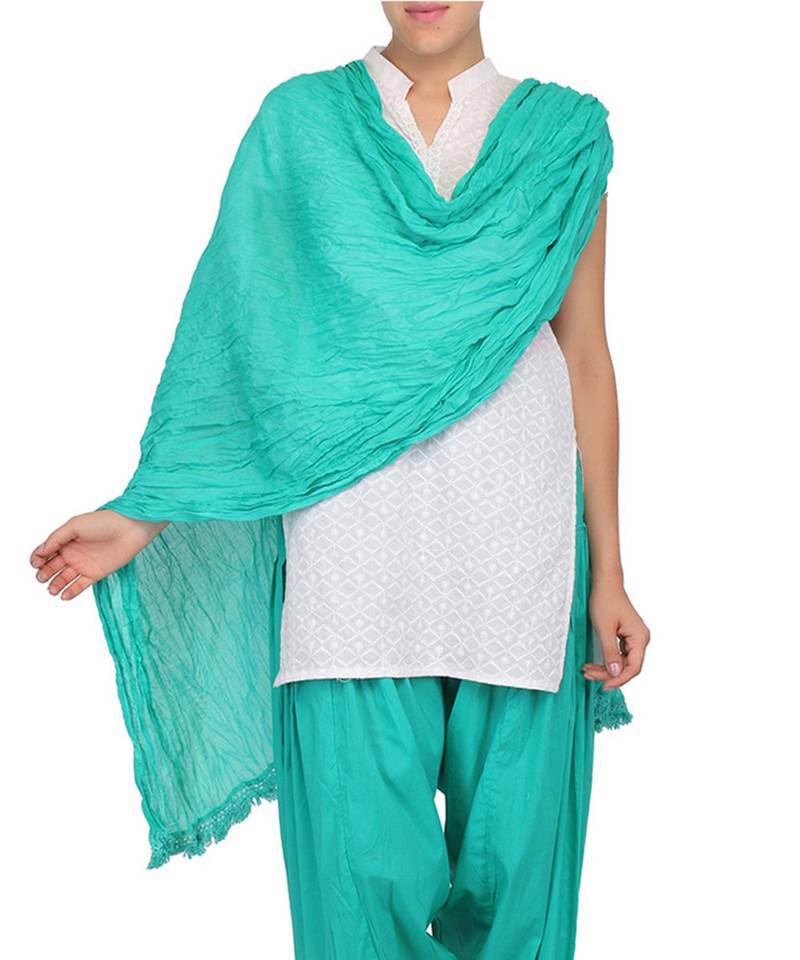 Sea Green Solid (Plain) Pure Cotton Dupatta With Designer Lace