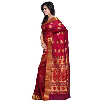 Red woven art silk saree with blouse 2