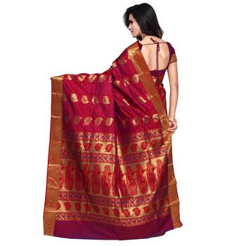 Red woven art silk saree with blouse 3