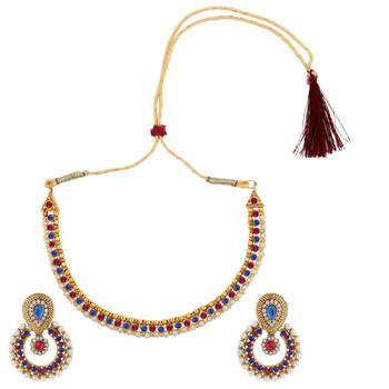 Rani pink blue pearl polki earring necklace jewelry Indian set 1