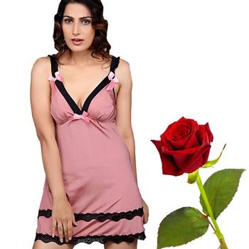 Soft Designer Pink Night Frock Set Valentine Gift 1