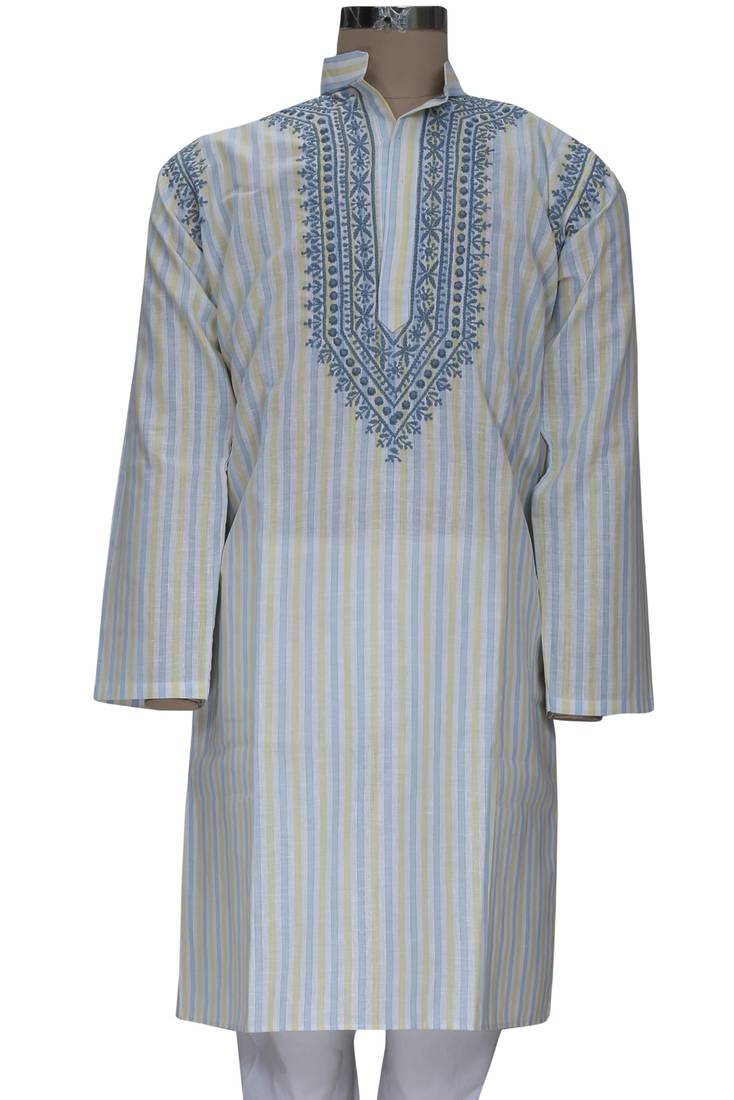 Ada Handcrafted Large White Cotton Lakhnavi Chikankari Kurta For Men