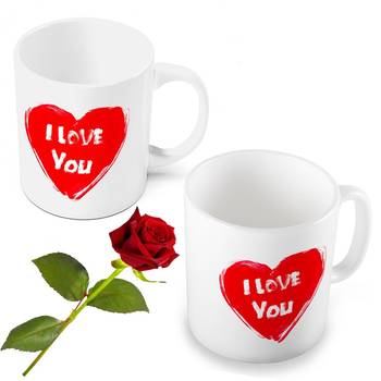 I Love You Heart Print Coffee Mug Pair N Rose Gift 1