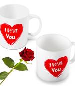 I Love You Heart Print Coffee Mug Pair N Rose Gift