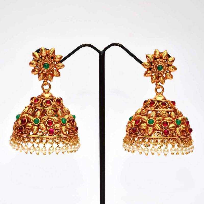 Anvi S Floral Design Kempu Jhumkas With Emerald And Pearl Combination Ratna Varma Polakonda 95310 mirraw