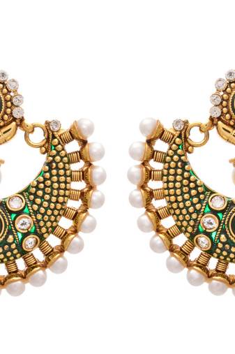 Mind-blowing Gold Pearl,Polki Green Meenakari Earring.