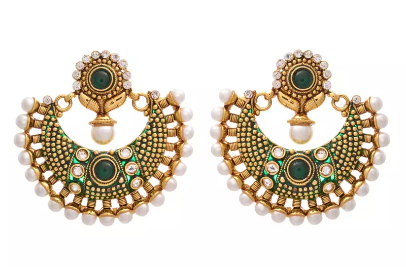 Mind-blowing Gold Pearl,Polki Green Meenakari Earring.