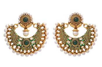 Mind-blowing Gold Pearl,Polki Green Meenakari Earring. 1