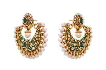 Mind-blowing Gold Pearl,Polki Green Meenakari Earring. 2