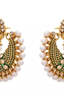 Mind-blowing Gold Pearl,Polki Green Meenakari Earring.